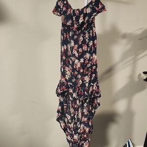 Boho Floral Off Shoulder High Low Maxi Dress Size M Navy Red Ruffle Hem